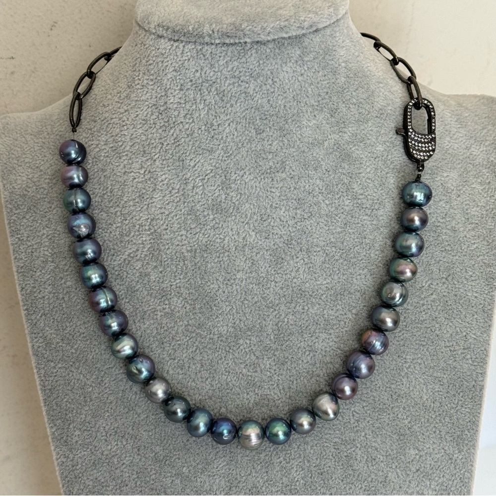 Artisan Black Sterling Silver Gray Pearl Metal Chain Diamond Necklace NEW - Picture 4 of 17